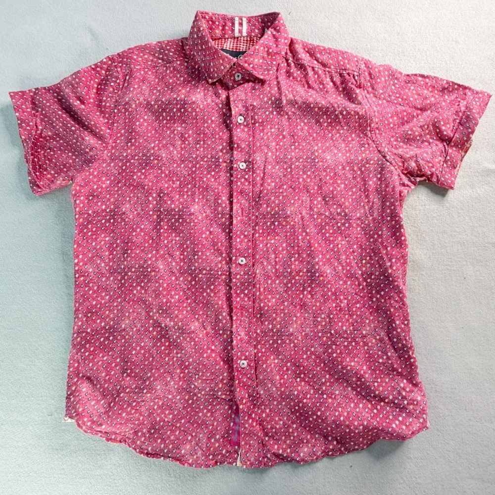 Robert Graham Shirt Men’s XL Red Geometric Print Short Sleeve Button Up Linen
